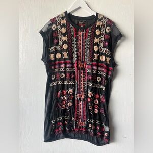 Johnny Was Biya Mesh Floral Embroidered Blouse Top Size XL